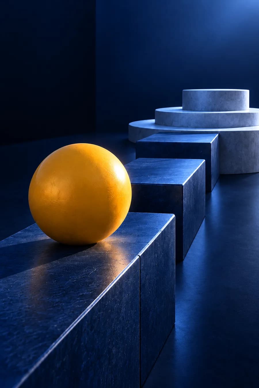 Gold sphere on stone blocks leading to a podium